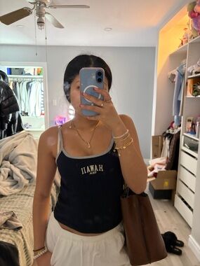 Brandy Melville Black Tank Top with Gray Trim and 'HAWAII' Logo